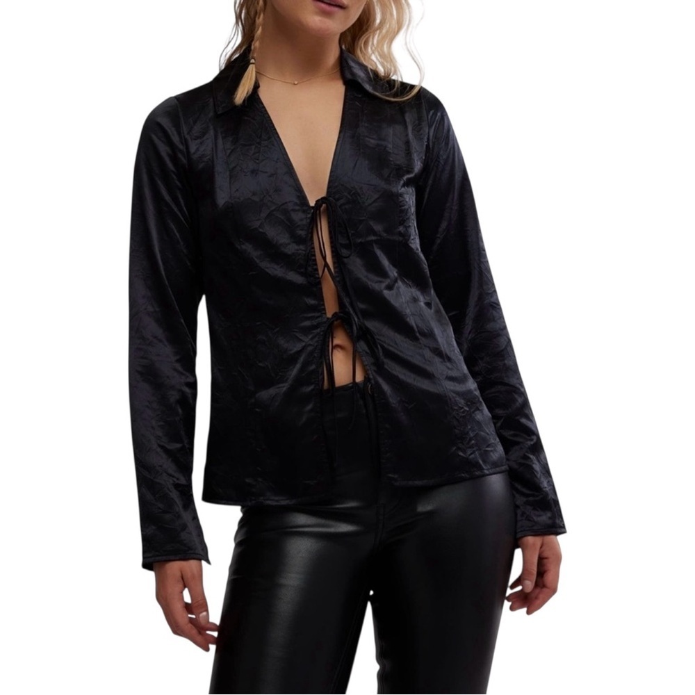 Free People Star Eyes Black Satin Front Tie Crinkle Top Blouse NWT S